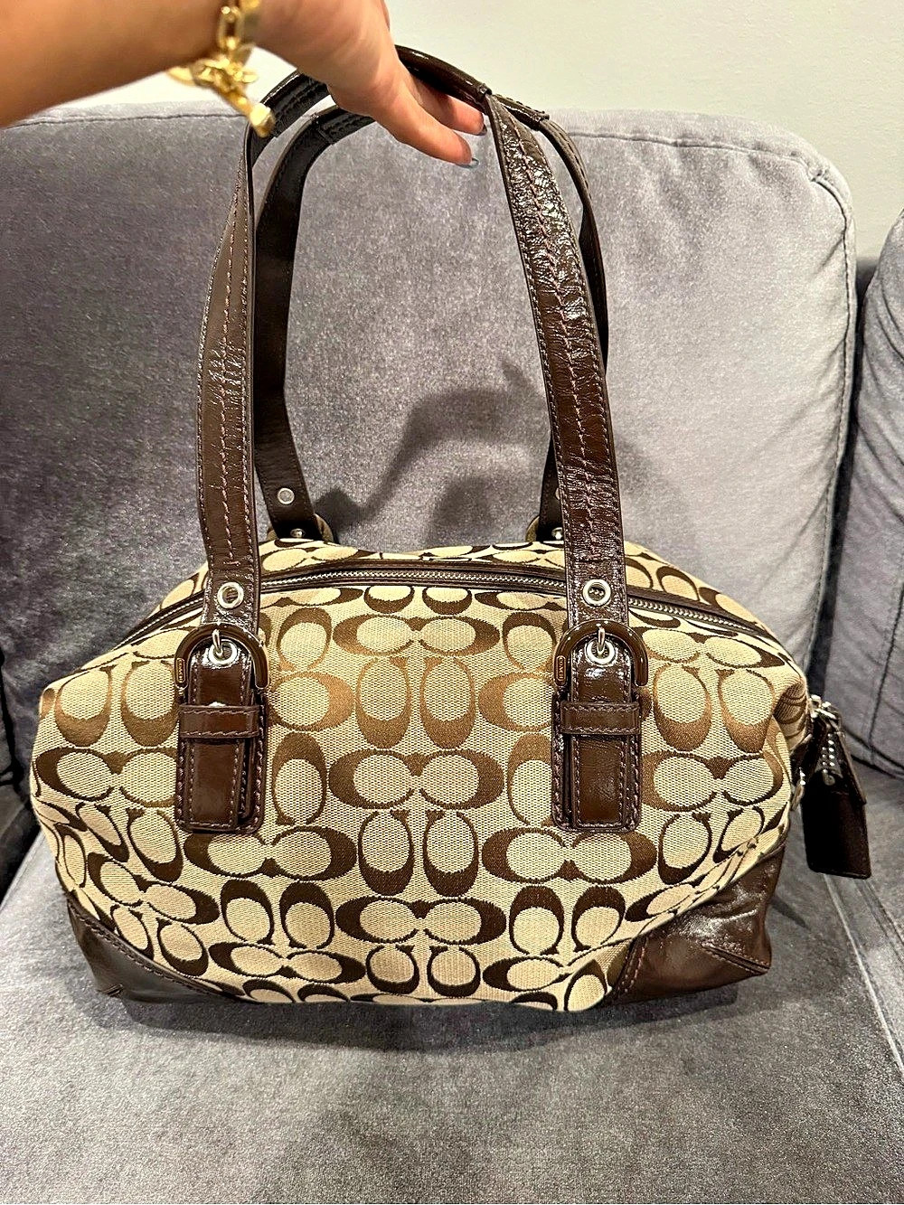 Coach Signature C Gallery Tote Satchel Brown Patent Leather Trim & Beige